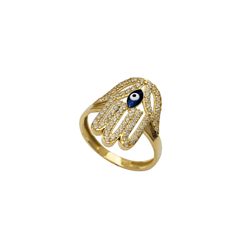 women's rings with textured band -Zirconia Hamsa Hand Evil Eye Ring (14K)