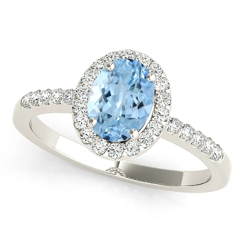 women's engagement rings with gemstone accent -1.30 ct. Genuine Oval Aquamarine Ring With Halo and Dainty Diamond Band