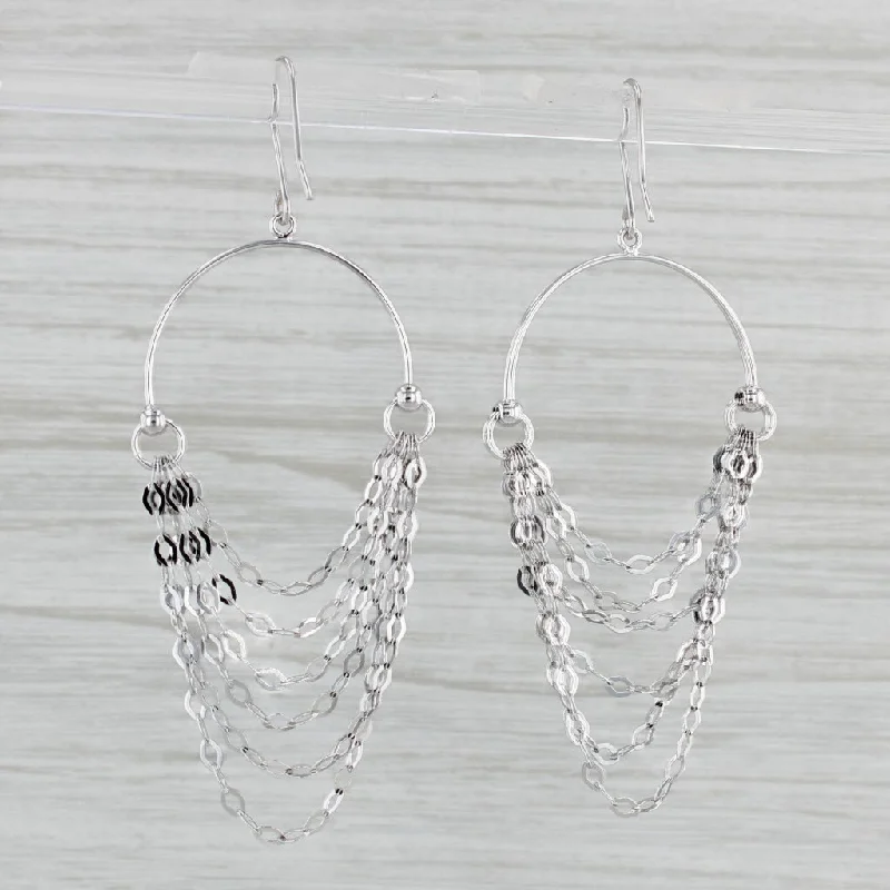 women's earrings with smooth finish -Chain Dangle Hoop Earrings 18k White Gold Hook Posts Round Hoops