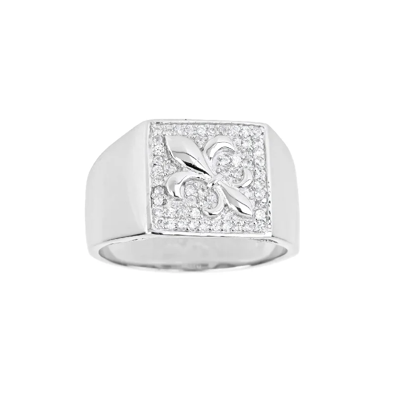 women's rings with textured gold -Iced-Out Fleur de Lis Men's Ring (Silver)