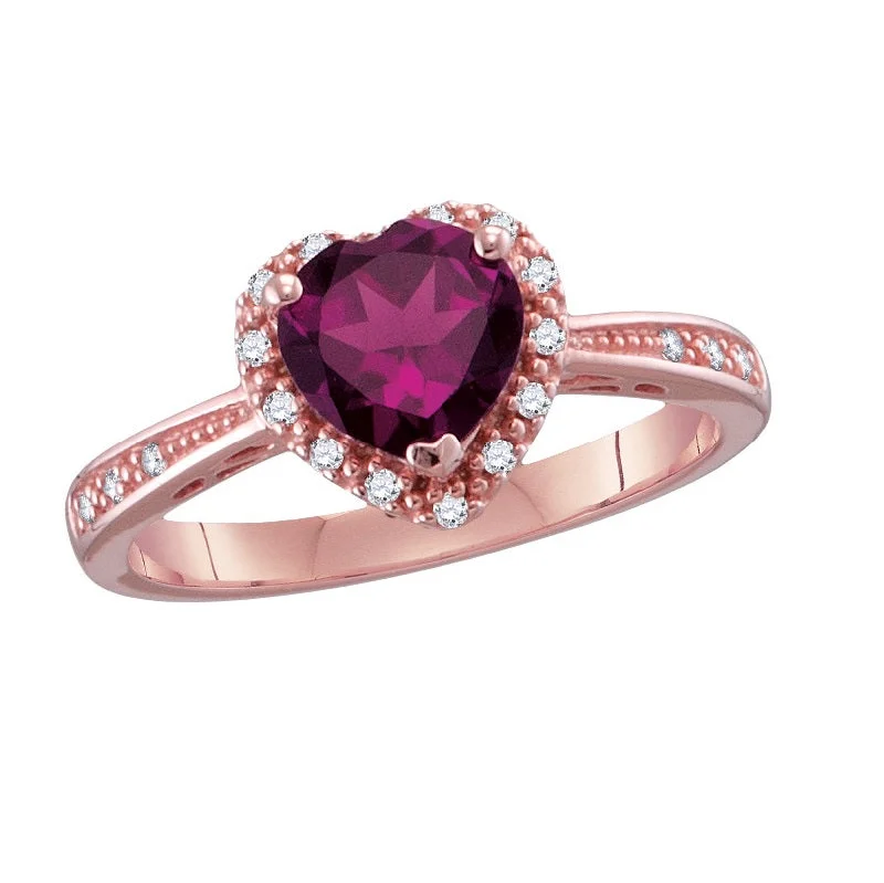 women's engagement rings with emerald-cut diamond -Heart Shape Rhodolite Garnet and Diamond Heart Ring in 10KT Rose Gold