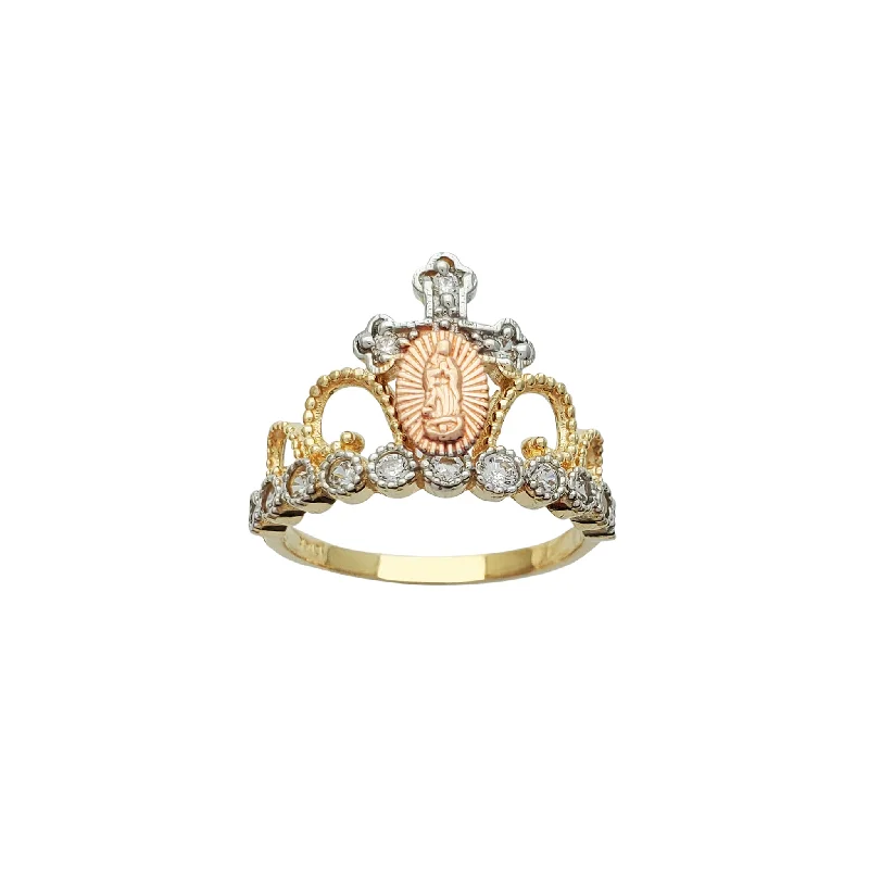 women's rings with pave diamonds -Tricolor Virgin Mary Crown-Tiara Ring (14K)