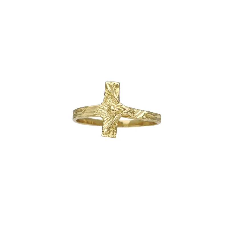 women's rings with heart-shaped gemstone -Sideways Textured DC Crucifix Ring (14K)