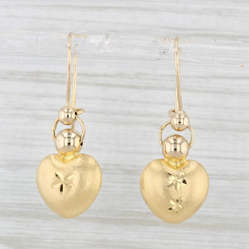 women's earrings with minimalist hoop -Brushed Floral Heart Dangle Earrings 14k Yellow Gold Pierced Drops