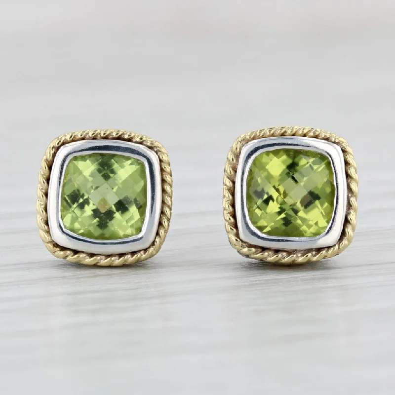 women's earrings with geometric shapes -2.20ctw Peridot Stud Earrings 18k Gold Sterling Silver Cushion Solitaires