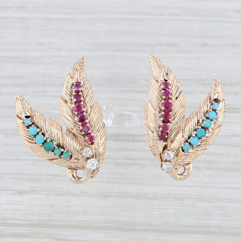 women's earrings with silver-plated finish -Retro Diamond Ruby Turquoise Leaf Earrings 10k-12k Yellow Gold Statement