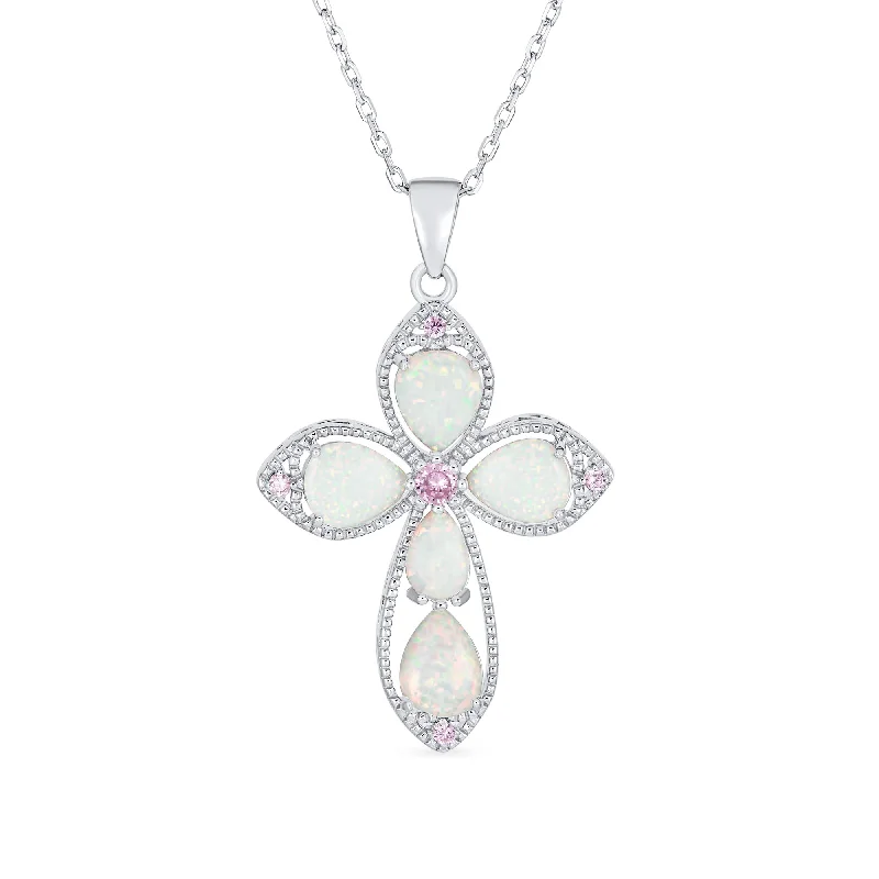 women's necklaces with classic design -Antique Vintage Style Pink CZ Opal Cross Pendant Necklace in Sterling Silver