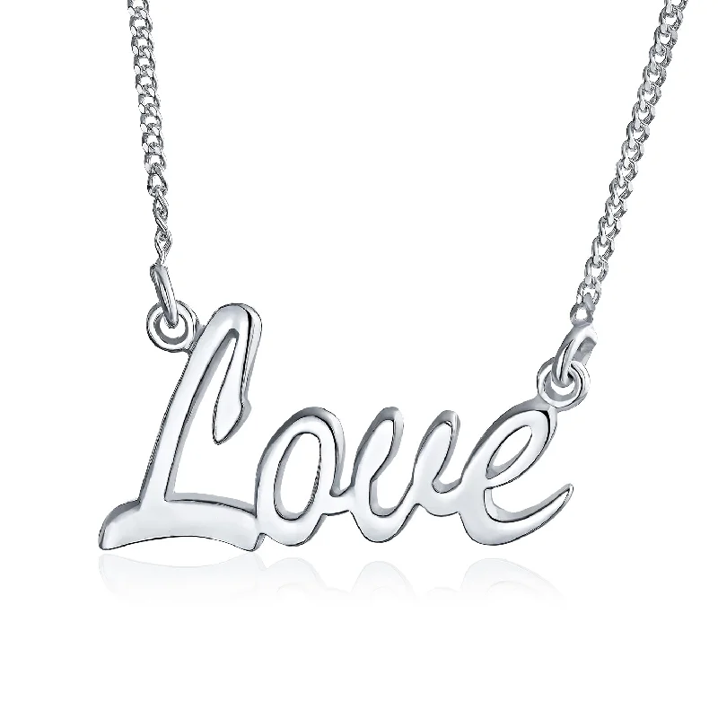 women's necklaces with trendy style -Sideways Script Word LOVE Necklace Pendant .925Sterling Silver 16"