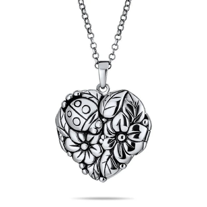 women's necklaces with modern pendant -Carved Leaves Heart Locket Necklace for Photos Sterling Silver Garden Ladybug Design