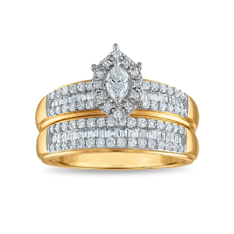 women's engagement rings with diamond baguettes -3/4 CTW Diamond Halo Bridal Set Ring in 10KT Yellow Gold