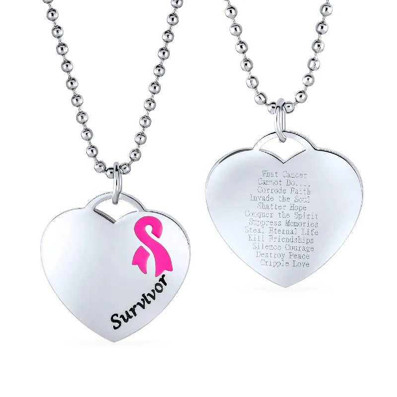 women's necklaces with delicate chain -Heart Pink Ribbon Breast Cancer Survivor Pendant Necklace Silver Stainless Steel