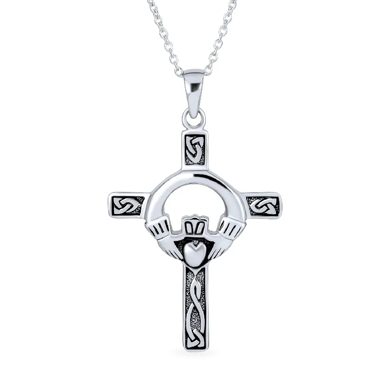 women's necklaces with vintage pendant -Irish Celtic Knot Claddagh Cross Pendant Necklace in Oxidized Sterling Silver