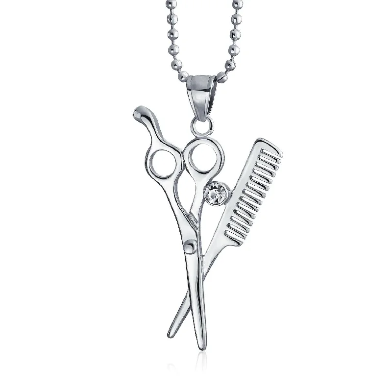 women's necklaces with sapphire -Unisex Whimsical Scissors Comb Pendant Necklace Crystal Accent Silver-Tone Chain