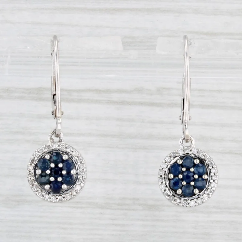 women's earrings with layered look -0.54ctw Blue Sapphire Diamond Dangle Earrings 10k White Gold Lever Backs