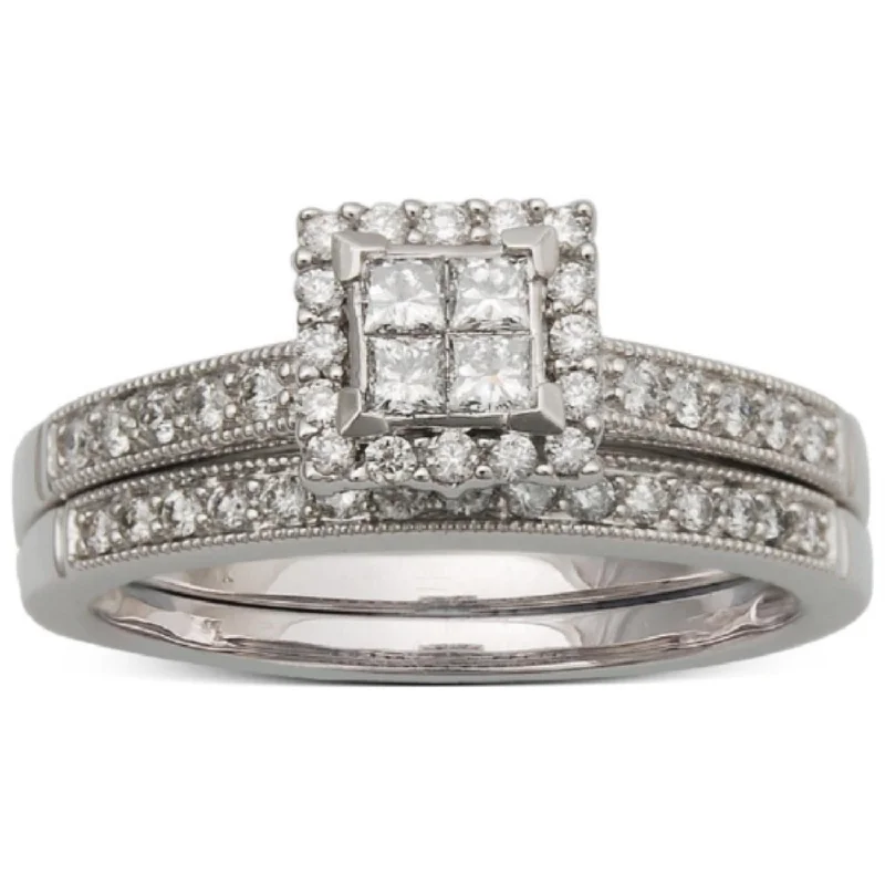 women's engagement rings with double band design -1/2 CTW Diamond Halo Bridal Set Ring in 10KT White Gold