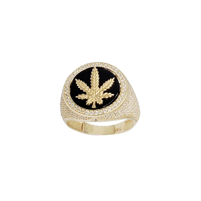 women's rings with customized engraving -Black Onyx Marijuana Leaf Ring (14K）