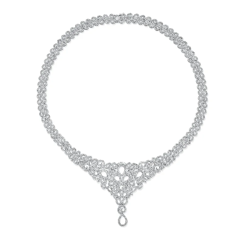 women's necklaces with sapphire -Art Deco Swirl Leaf Choker Collar Necklace with Teardrop CZ Silver Plated