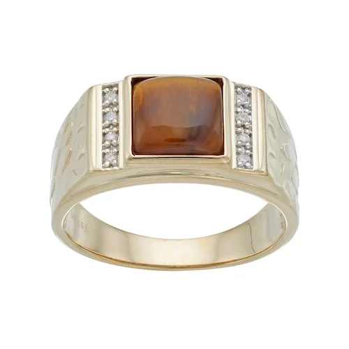 women's engagement rings with large center stone -Cushion Tiger Eye and Diamond Gem Stone Nugget Ring in 10KT Yellow Gold