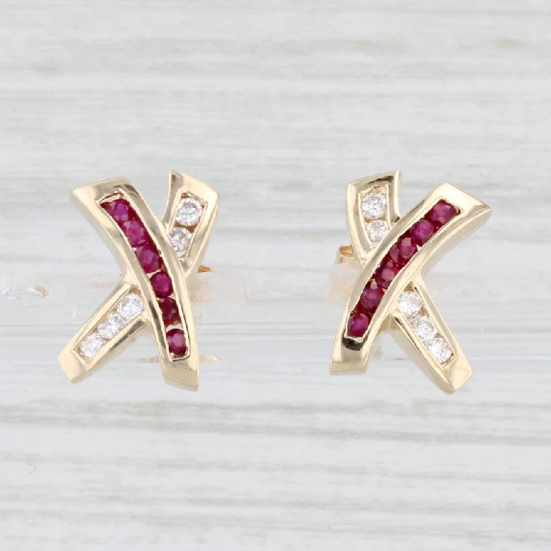 women's earrings with asymmetric design -0.59ctw Ruby Diamond X Crossover Earrings 14k Yellow Gold Studs