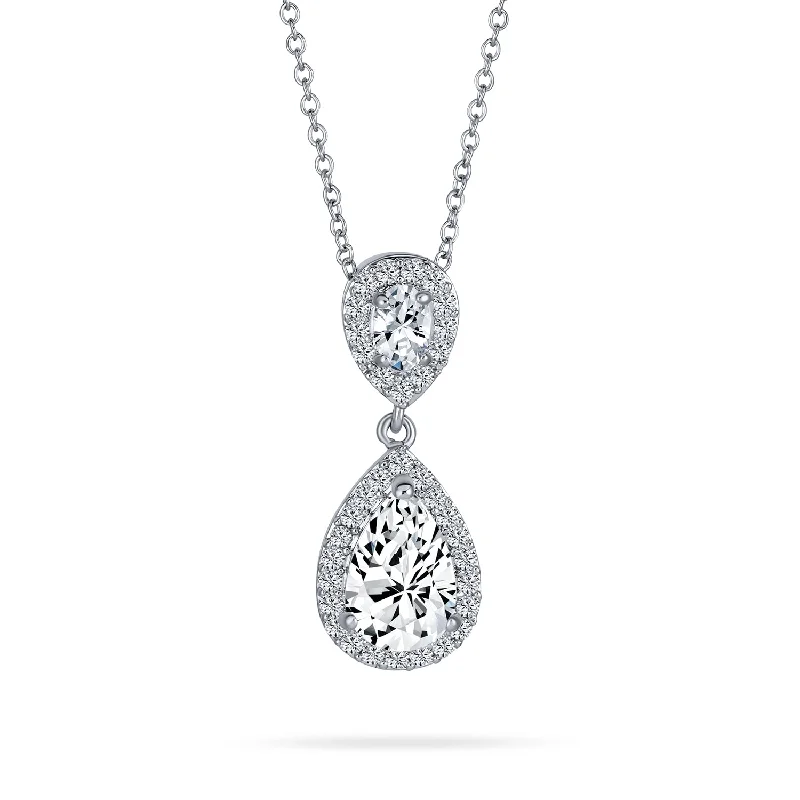 women's necklaces with teardrop pendant -Bridal Necklace Pear CZ Teardrop Solitaire Pendant for Wedding Silver Plated Brass