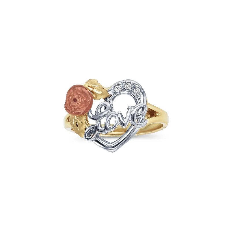 women's rings with statement design -Tri-Color Rose & Love Heart Shape Ring (14K)