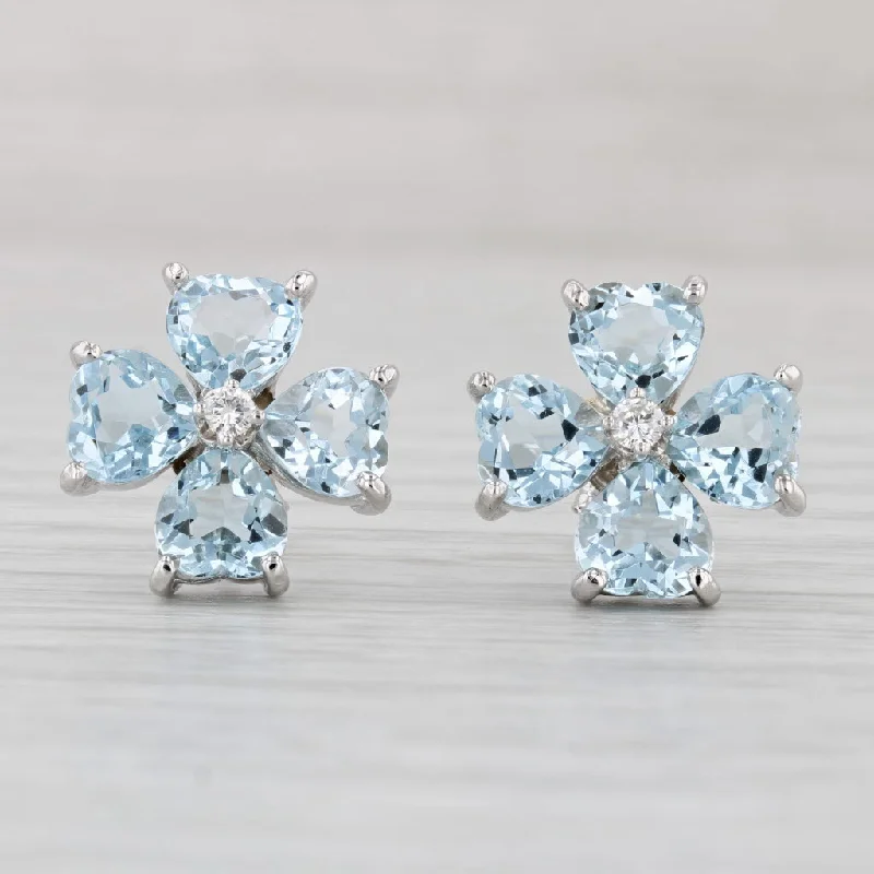 women's earrings with elegant diamonds -5.58ctw Aquamarine Diamond Flower Stud Earrings 14k White Gold