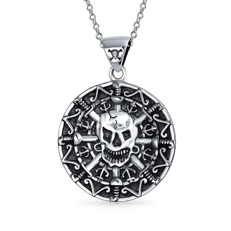 women's necklaces with nature-inspired pendant -Round Coin Aztec Skull Pendant Necklace for Men in Oxidized Sterling Silver