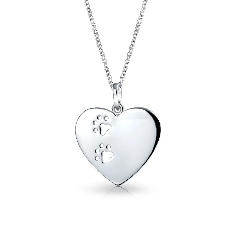 women's necklaces with multi-layered design -Dog Cat Paw Print Heart Pendant Necklace in Sterling Silver for Pet Lovers