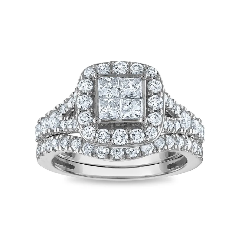 women's engagement rings with round stone center -1-1/2 CTW Diamond Halo Bridal Set Ring in 10KT White Gold