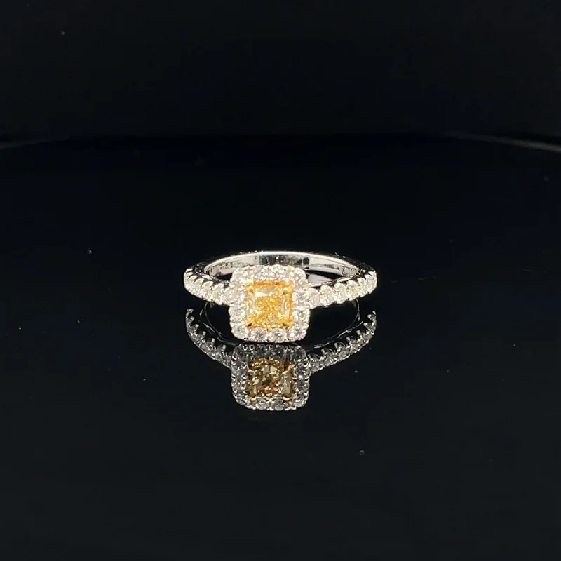 women's engagement rings with fancy-colored diamonds -Fancy Yellow & White Diamond Radiant Halo Ring in 18k Two Tone Gold - (#117-JR0894GH-01)