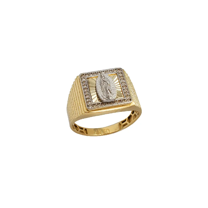 women's rings with unique band design -Zirconia Two-Tone Ridged Halo Virgin Mary Ring (14K)