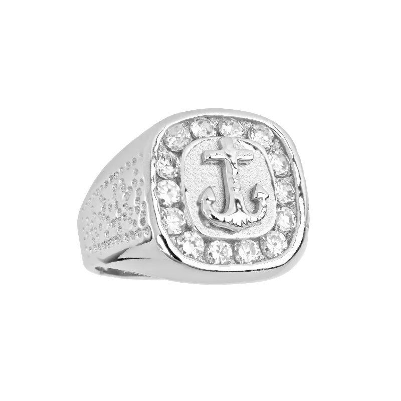 women's rings with polished look -Halo Nautical Anchor Men's Ring (Silver)