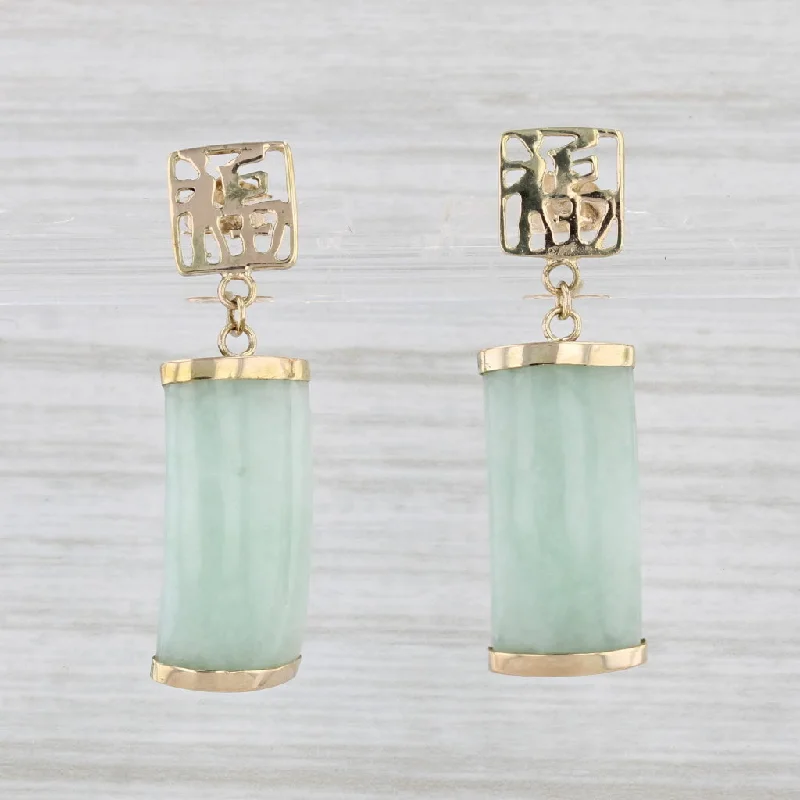 women's earrings silver -Green Jadeite Jade Dangle Earrings 14k Yellow Gold Good Luck Chinese Calligraphy