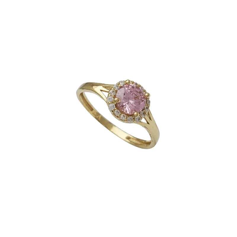 women's rings with twist design -Pink Zirconia Round Halo Lady Ring (14K)