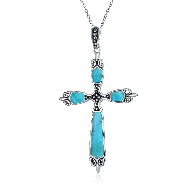 women's necklaces with boho style -Vintage Western Turquoise Gemstone Cross Pendant Necklace in Sterling Silver