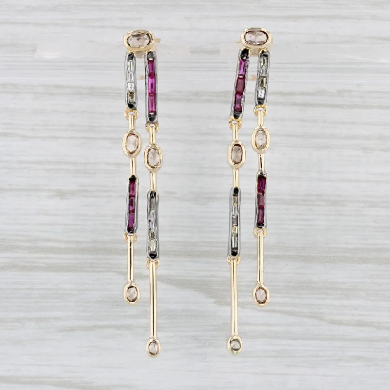 women's earrings with sparkle diamonds -0.54ctw Diamond Ruby Dangle Earrings 14k Yellow & Oxidized Gold