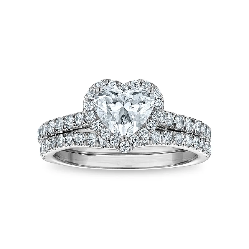 women's engagement rings with ruby -Signature EcoLove 1-3/4 CTW Lab Grown Diamond Halo Heart Shaped Bridal Set in 14KT White Gold