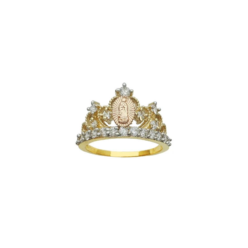 women's rings with engraved details -Tricolor Virgin Mary Crown-Tiara Ring (14K)