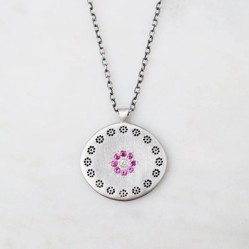 women's necklaces with modern twist -Large Cluster Pendant Pink Sapphire Circle Necklace