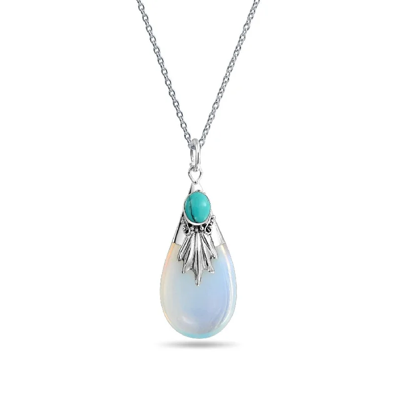 women's necklaces with flower-shaped pendant -Western Jewelry Tribal Blue Turquoise Opalite Teardrop Pendant Necklace Silver