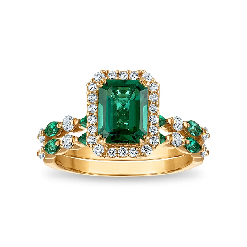 women's engagement rings with matching bands -LoveSong EcoLove Emerald and Lab Grown Diamond Bridal Set in 10KT Yellow Gold