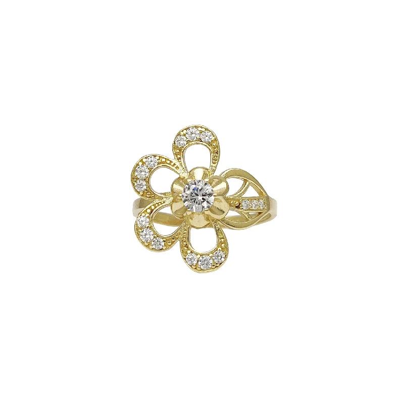 women's rings with gemstone bezel -Blossom Outlined Zirconia Flower Ring (14K)