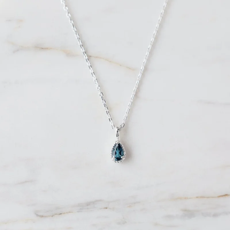 women's necklaces with star-shaped pendant -Sterling Silver Pear Cut London Blue Topaz with Milgrain Edge Necklace