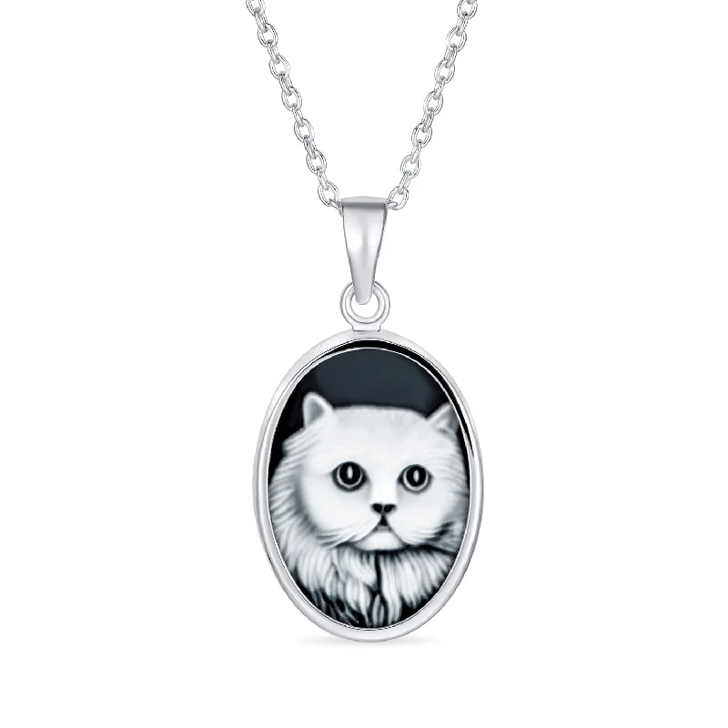 women's necklaces with elegant design -Vintage Antique Style Black Onyx Cat Cameo Pendant Necklace in Sterling Silver