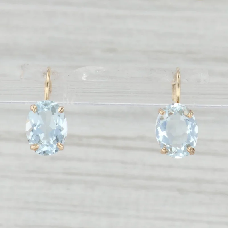 women's earrings with geometric shapes -3ctw Oval Solitaire Aquamarine Drop Earrings 14k Yellow Gold Leverbacks