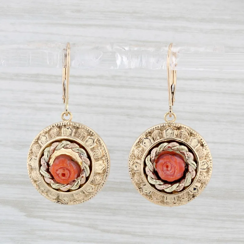 women's earrings with twist design -Antique Rose Carved Coral Dangle Earrings 14k Yellow Gold Ornate Drops