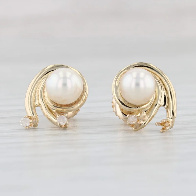 women's earrings with stud earrings set -Cultured Pearl Diamond Swirl Stud Earrings 14k Yellow Gold