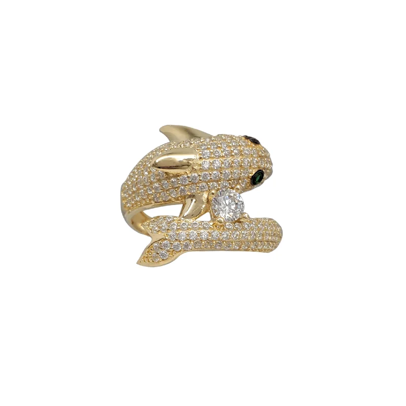 women's rings with vintage design -Icy Green-Eyes Dolphin Bypass Ring (14K)