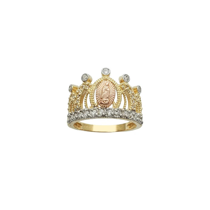 women's rings with cocktail ring design -Tricolor Virgin Mary Crown-Tiara Ring (14K)