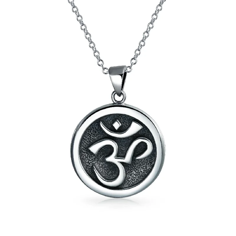 women's necklaces with chic pendant -Circle Disc Aum Om Ohm Pendant Necklace Yoga Medallion Oxidized Silver